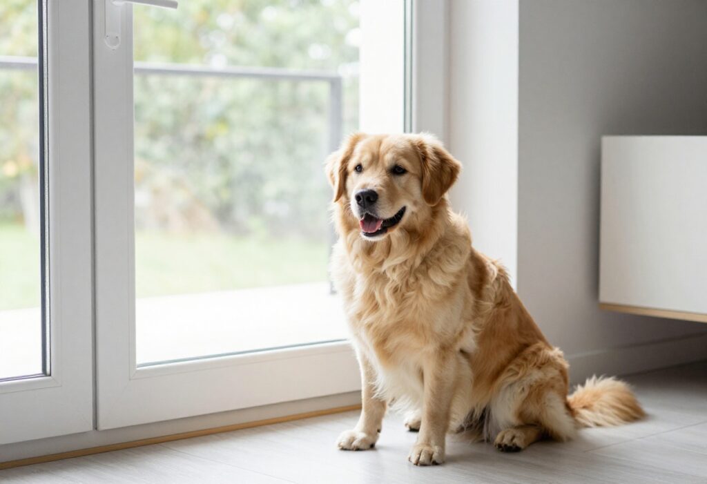 Dog sitting calmly by the front door while owner opens it