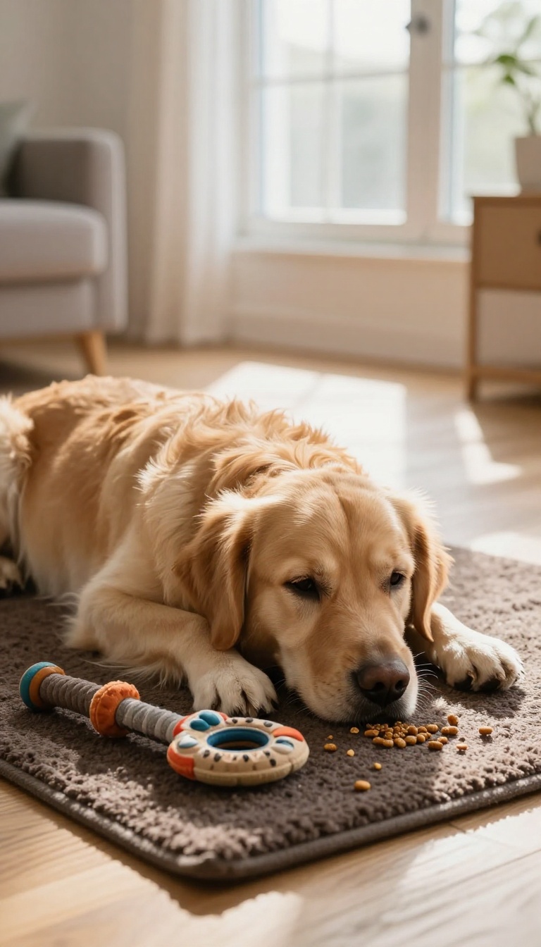 A tired, content dog resting on a rug with puzzle toys nearby in a bright living room.