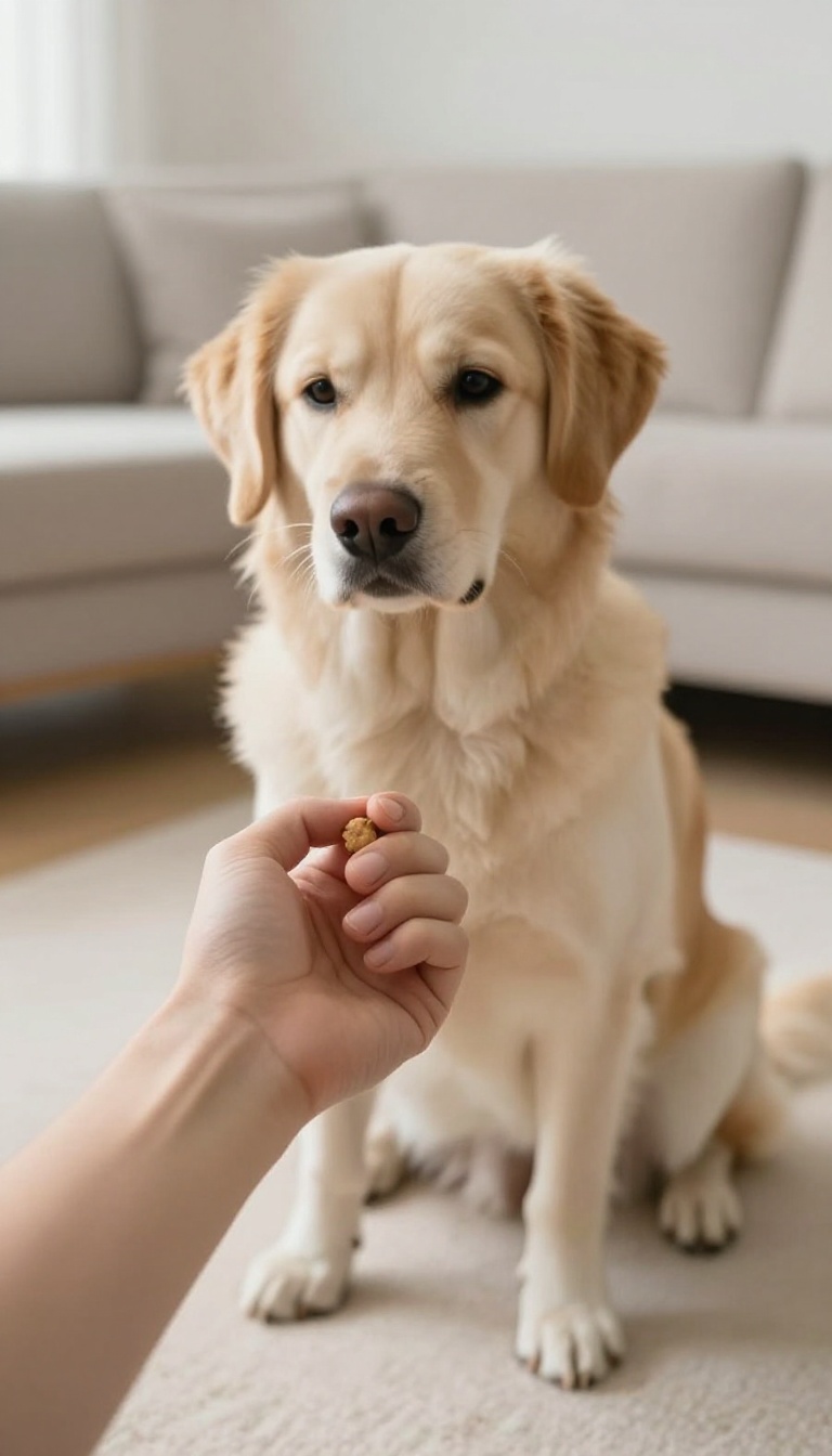 A dog owner teaching the 'leave it' command with a treat in a closed fist, dog sitting patiently, bright living room