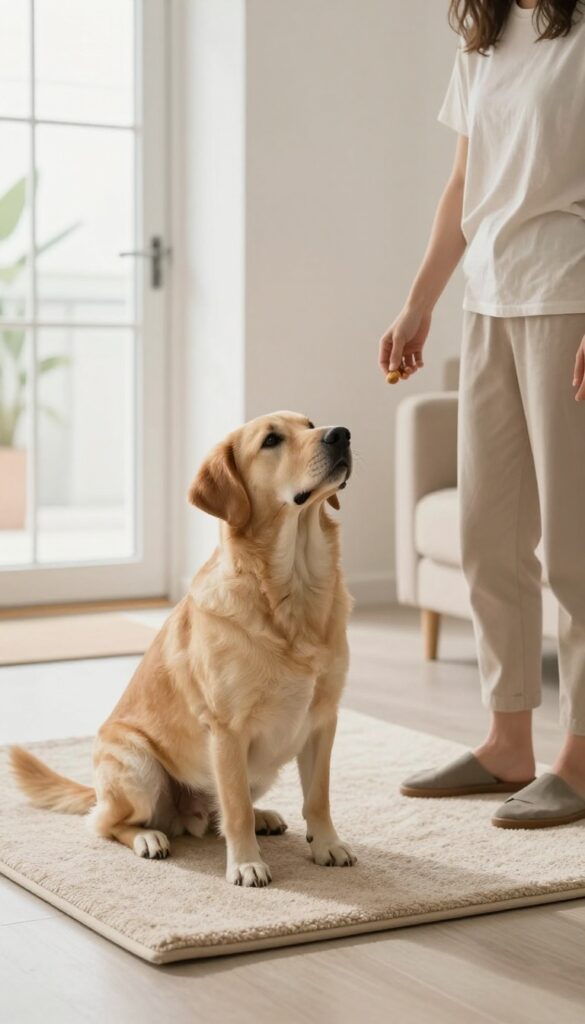 Dog sitting on a mat in a bright living room while owner rewards it, with door in background