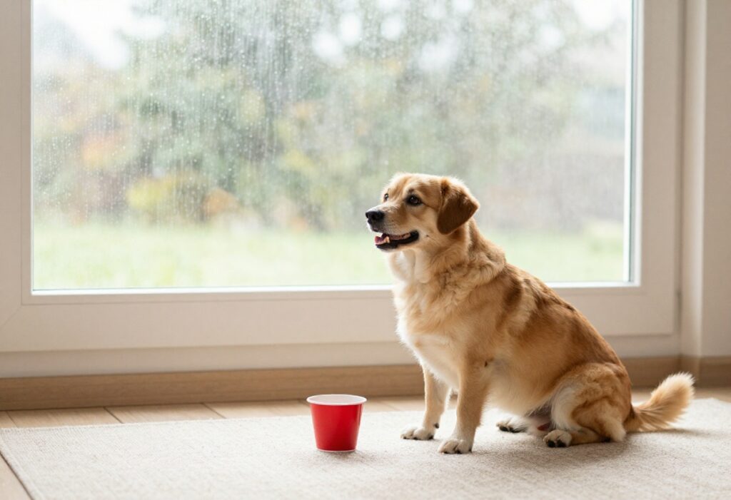 Dog playing a cup game indoors on a rainy day