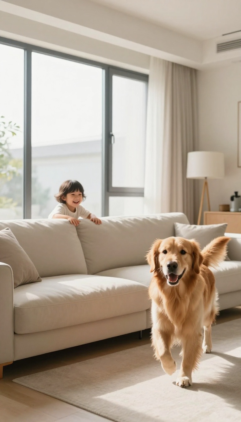 Child hiding behind sofa while a dog finds them during a game of hide and seek