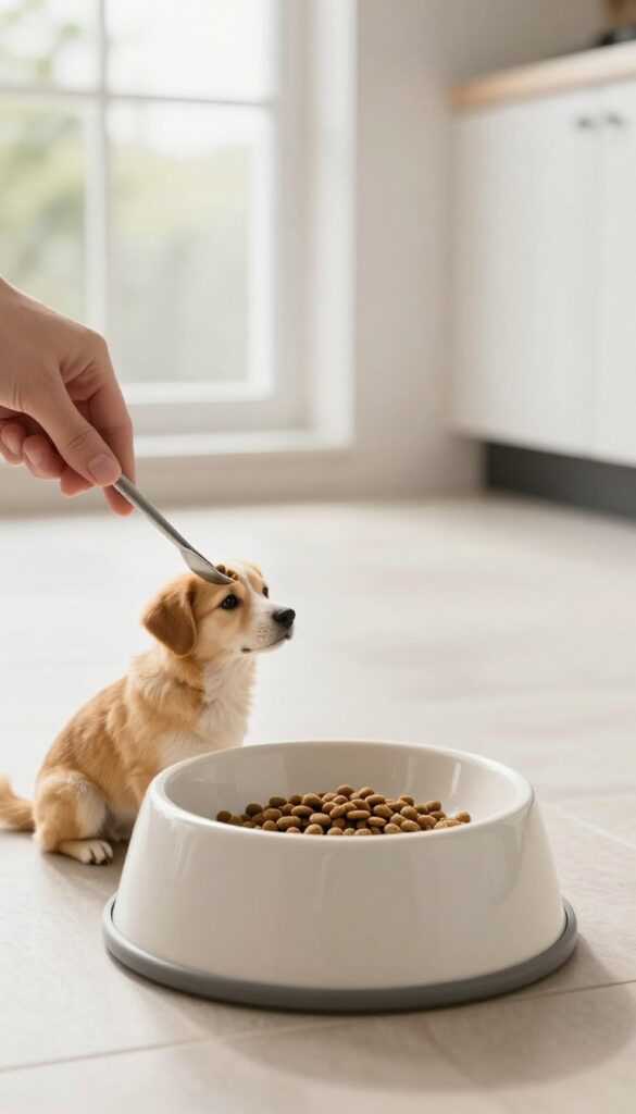 Dog waiting patiently beside a food bowl during a training exercise