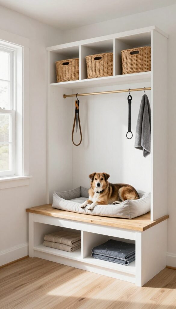 Built-in bench with storage and a cozy dog bed cubby in a bright mudroom
