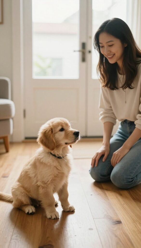 A golden retriever puppy sitting politely by the front door as a woman kneels to greet it, illustrating a calm default greeting behavior.