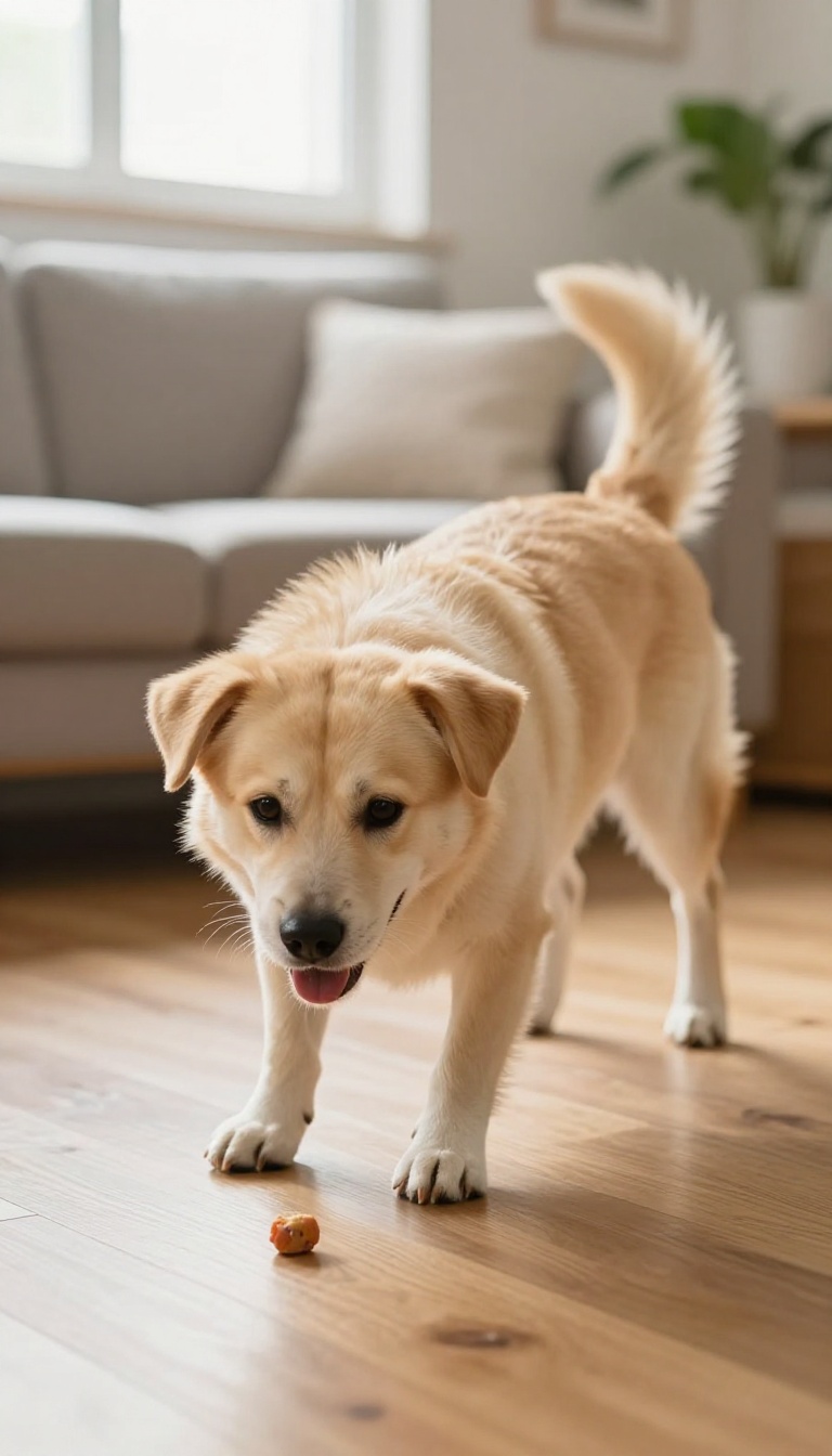 Dog performing a bow trick on a wooden floor with natural light