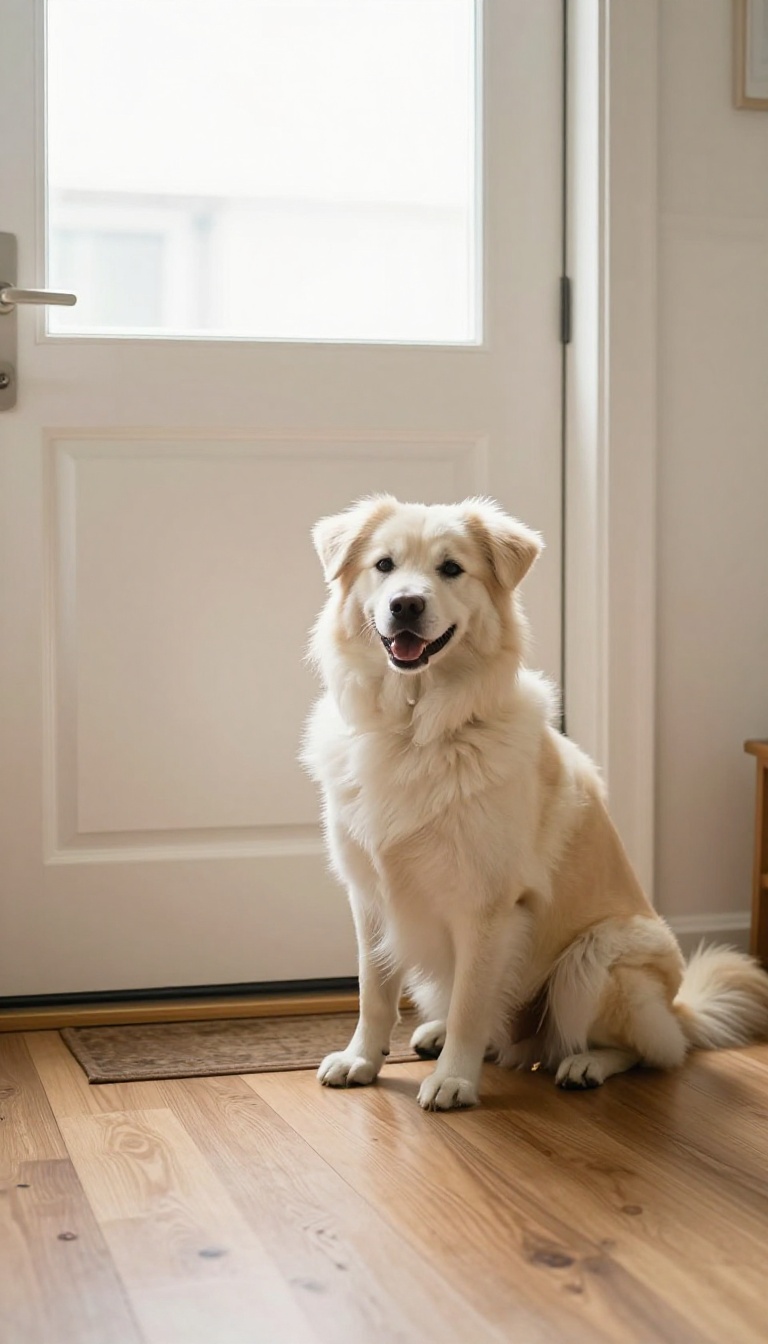 Calm dog sitting by an open front door during a training drill