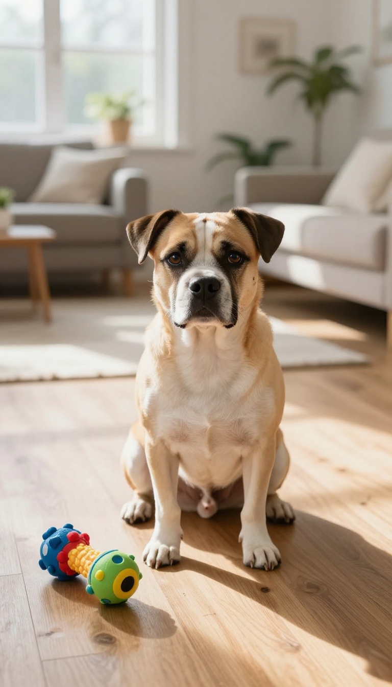 A focused dog sitting calmly while a toy lies nearby, illustrating a distraction training drill.