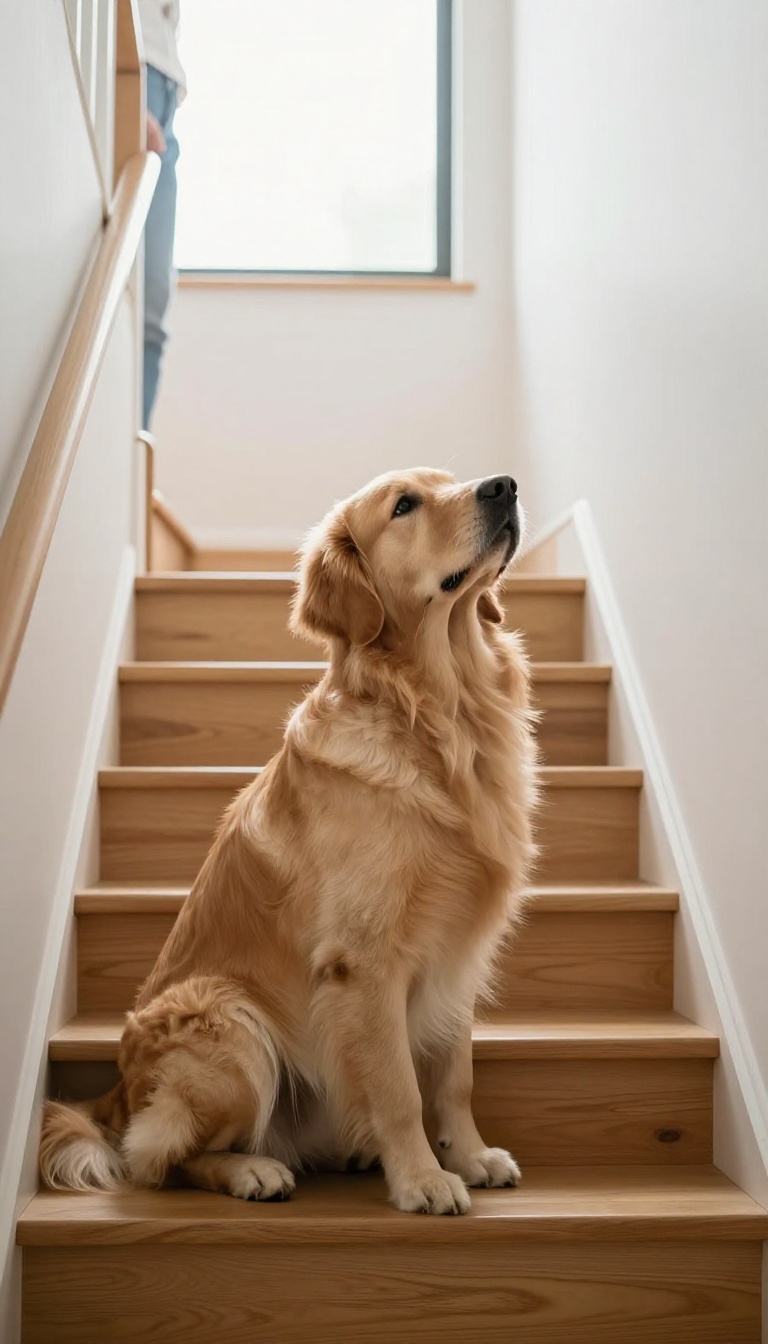 Dog sitting at the bottom of stairs during a wait command training session