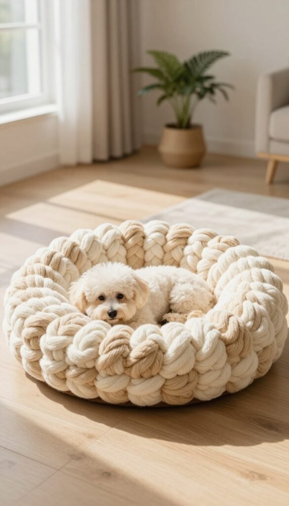 Braided donut crochet dog bed with a curled-up dog in a bright living room