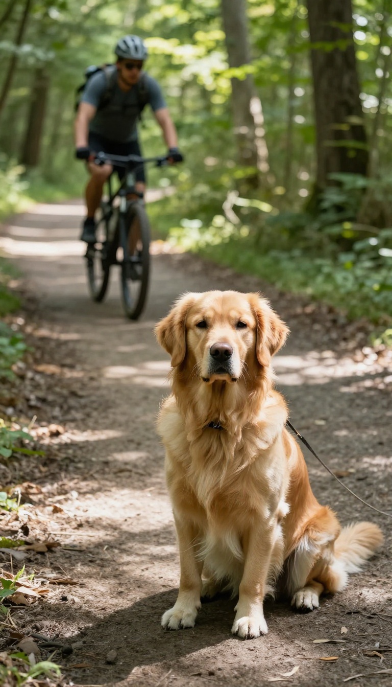A hiker and their dog stepping aside to let a cyclist pass on a forest trail