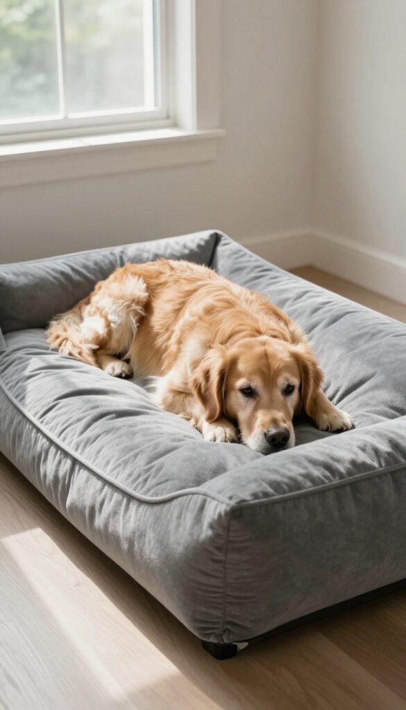 Senior dog resting on a low-profile memory foam bed near a window in a bright living room