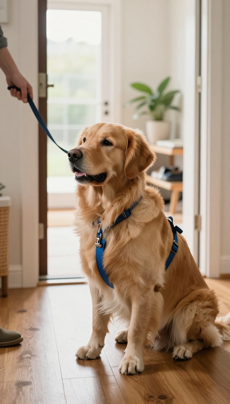 A calm dog wearing a front-clip harness sits politely near an open door, with natural light streaming in, illustrating controlled door training.