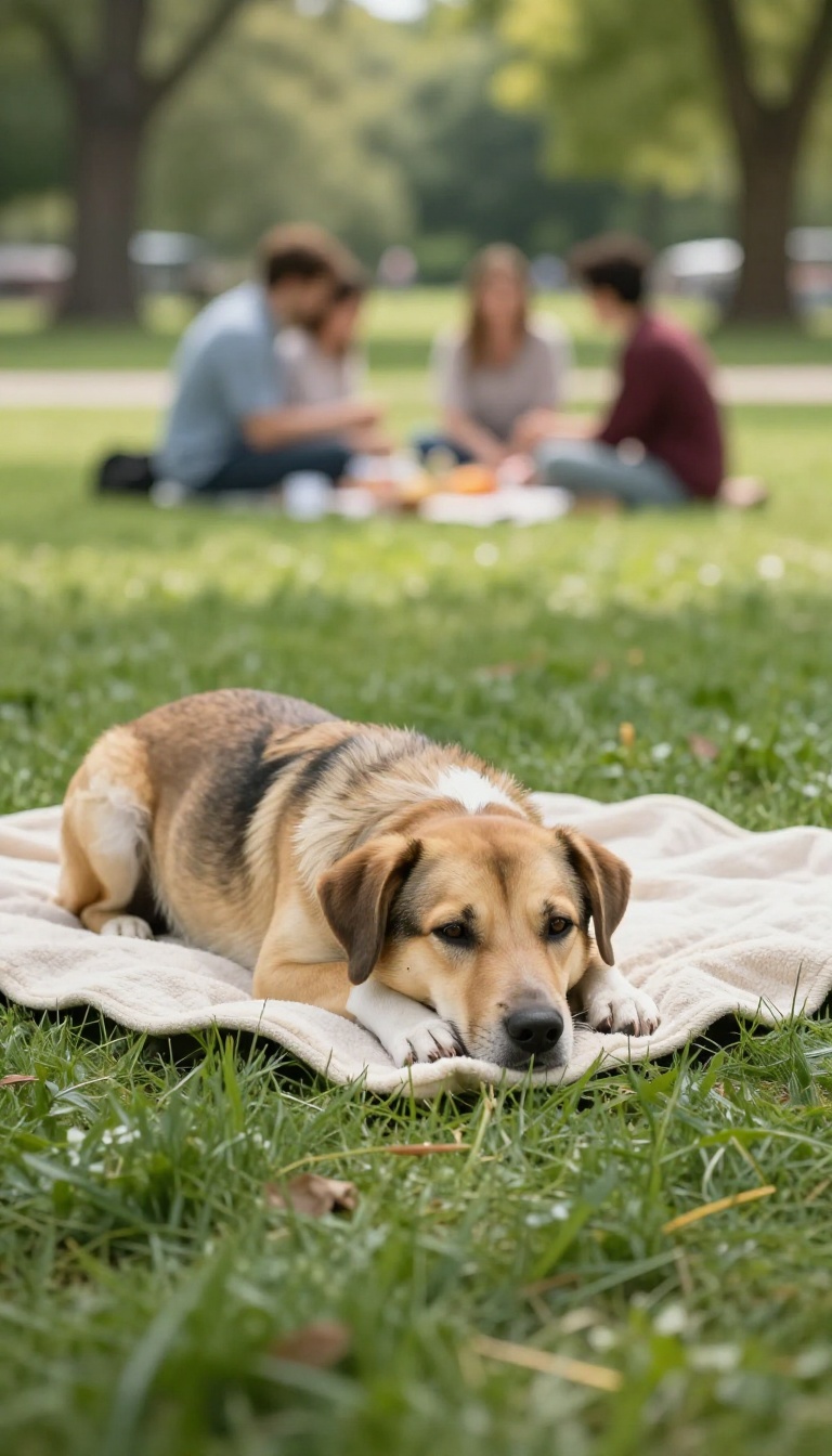 A calm dog resting on a mat in a park with people in the background