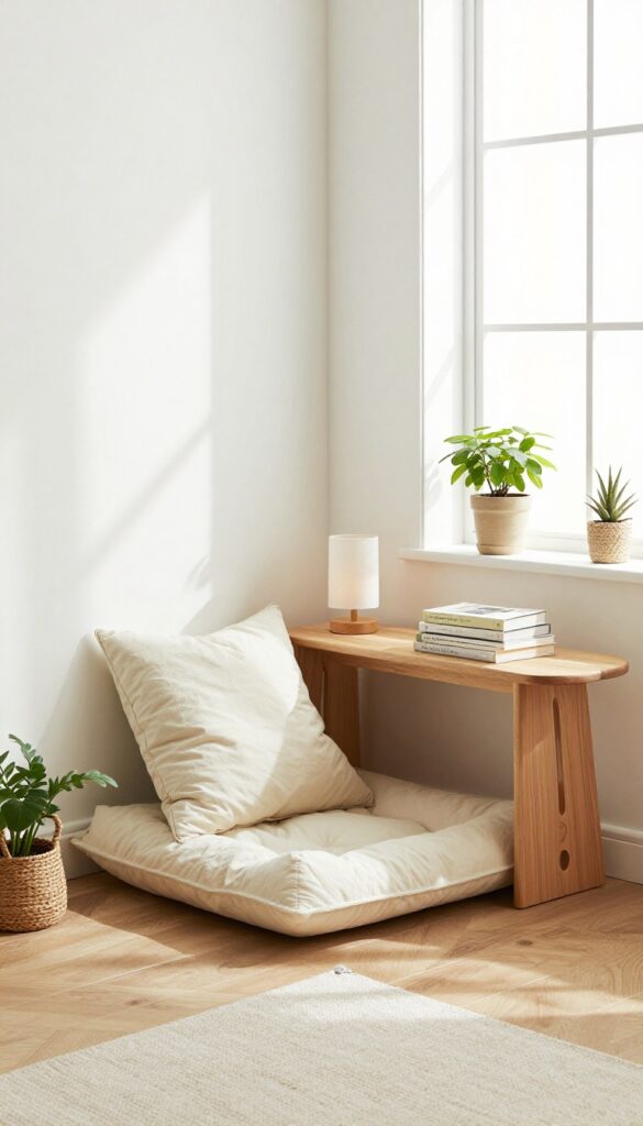Corner table with a triangular dog bed in a bright living room, styled with a lamp and books on top.
