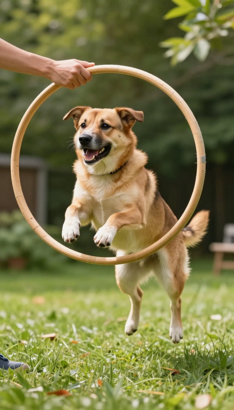 Dog jumping through a hoop in a sunny backyard