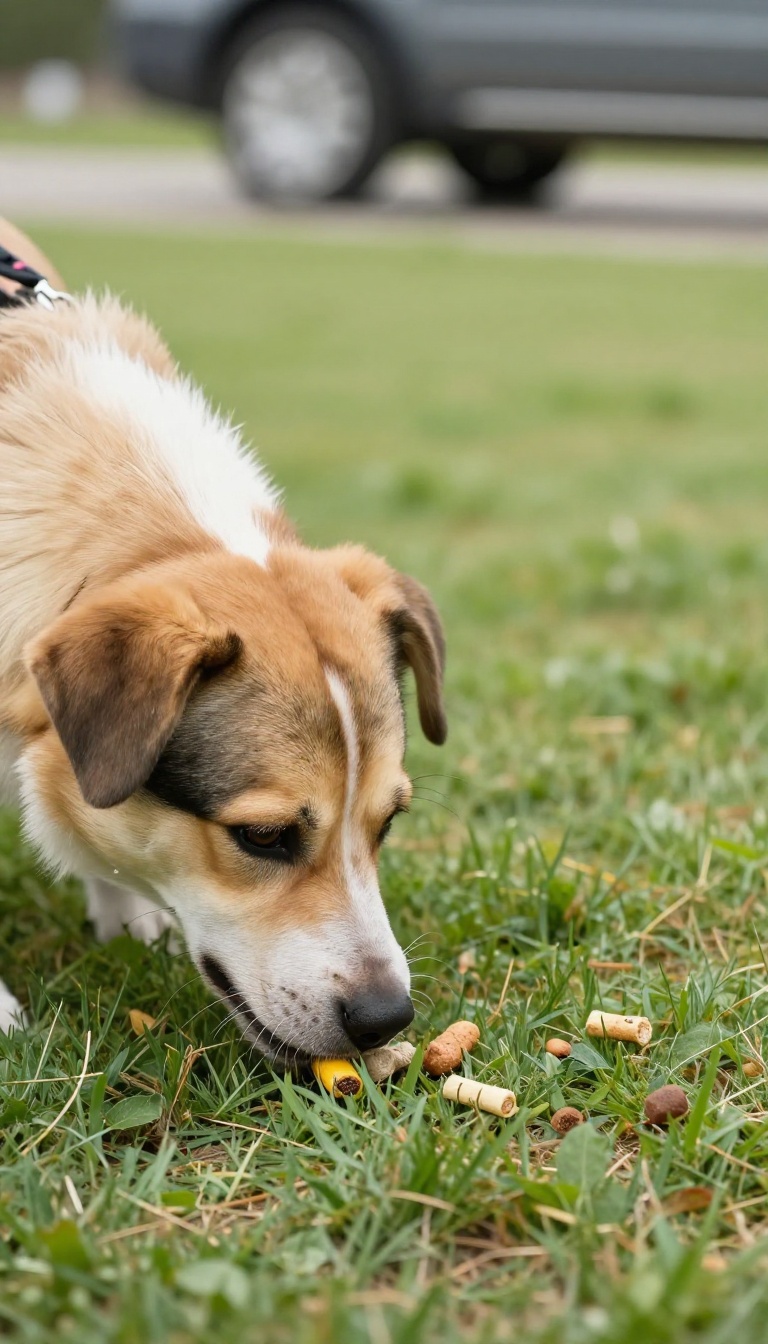 Dog sniffing treats on the ground near a road, with a car blurred in the background