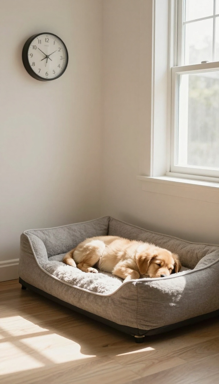 Puppy sleeping peacefully in a cozy dog bed in a sunlit living room, with a wall clock in the background, symbolizing a predictable routine.