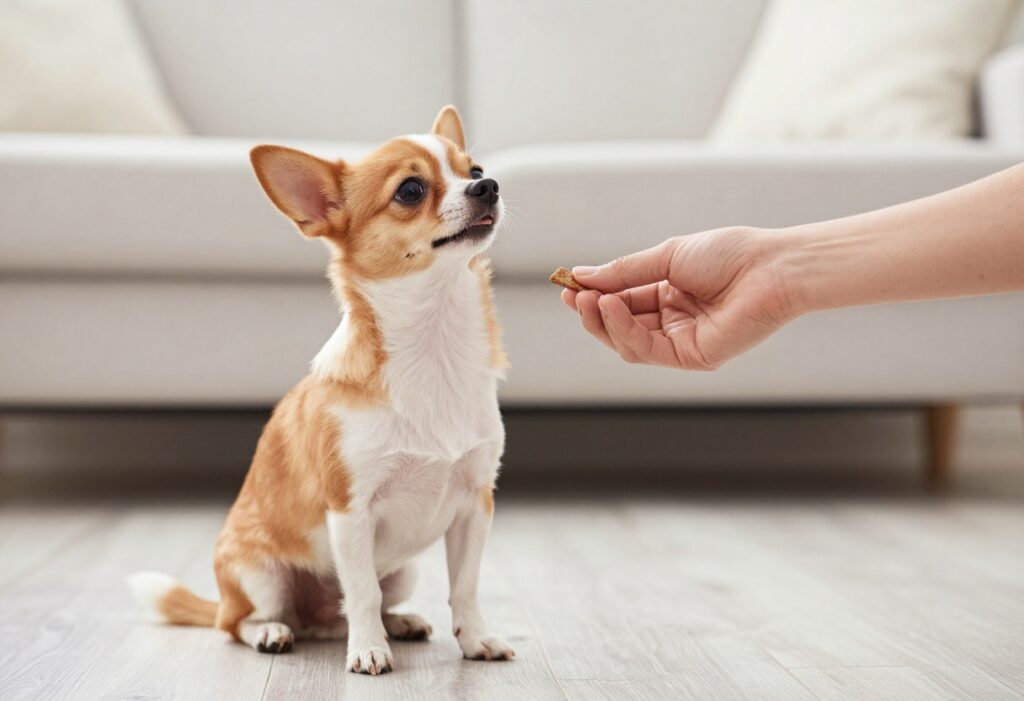 Small dog sitting and looking at owner with treat during training session