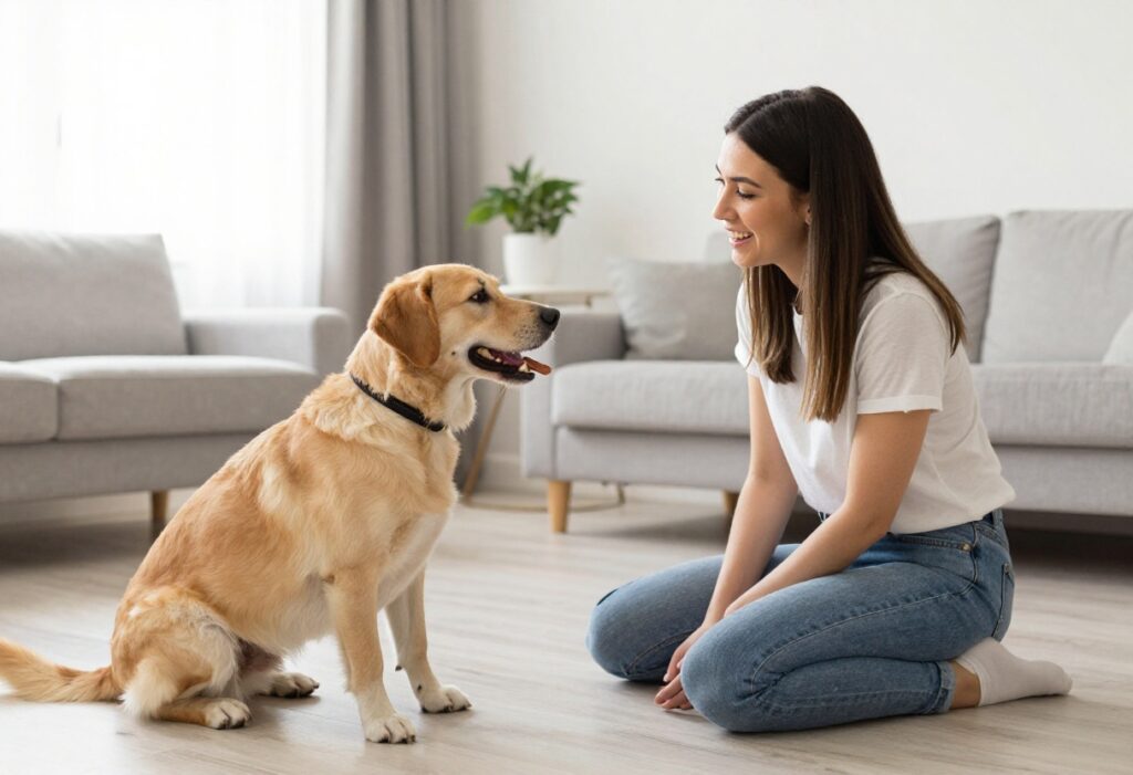 Dog and owner playing a training game together at home