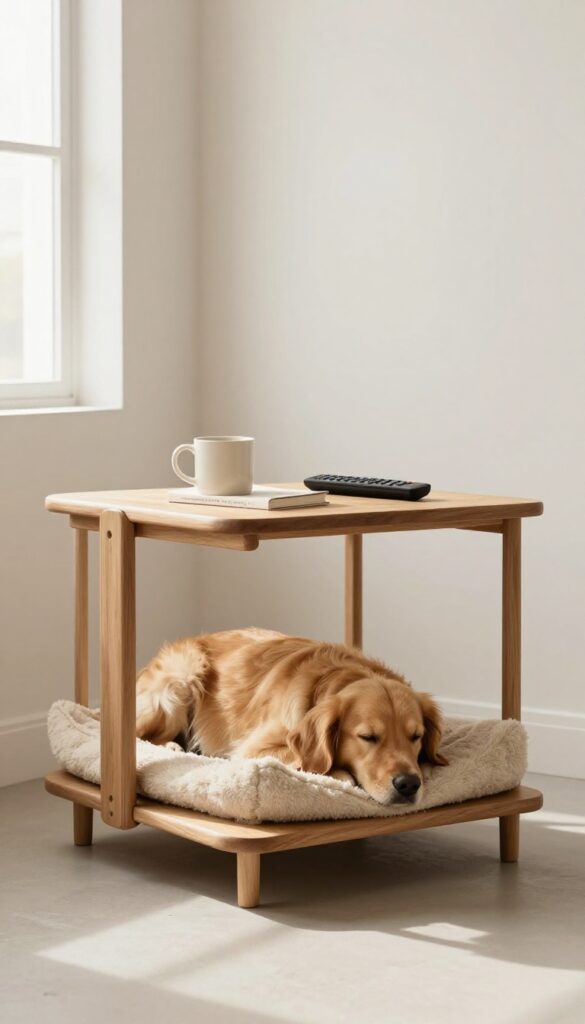 Two-tier end table with open shelf holding a dog bed and a sleeping golden retriever, with coffee mug and book on top, in a bright living room.