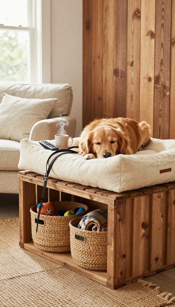 Rustic crate-style end table with a dog bed on top and storage baskets underneath, styled in a bright farmhouse living room.