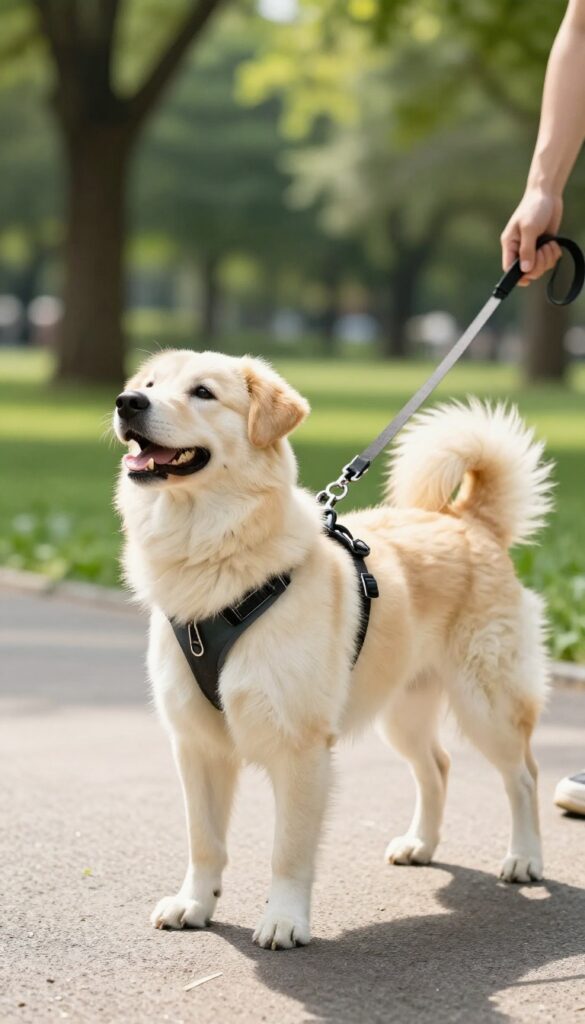 Dog wearing a front-clip harness during a walk in a sunny park