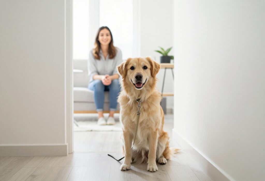 Dog sitting calmly in an apartment hallway with a neighbor