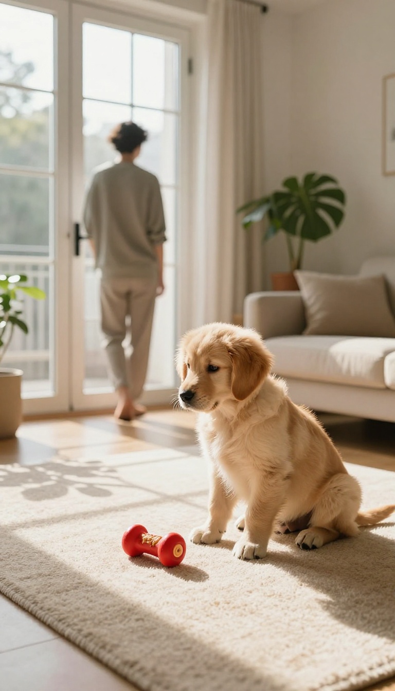 Golden retriever puppy sitting on a rug with a Kong toy in a sunlit living room, representing positive alone time training
