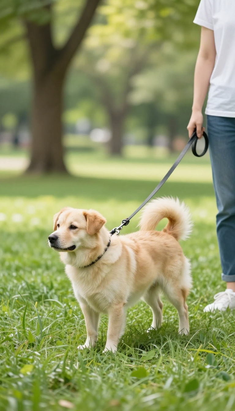 Person walking a dog on a loose leash in a sunny park, demonstrating calm public manners