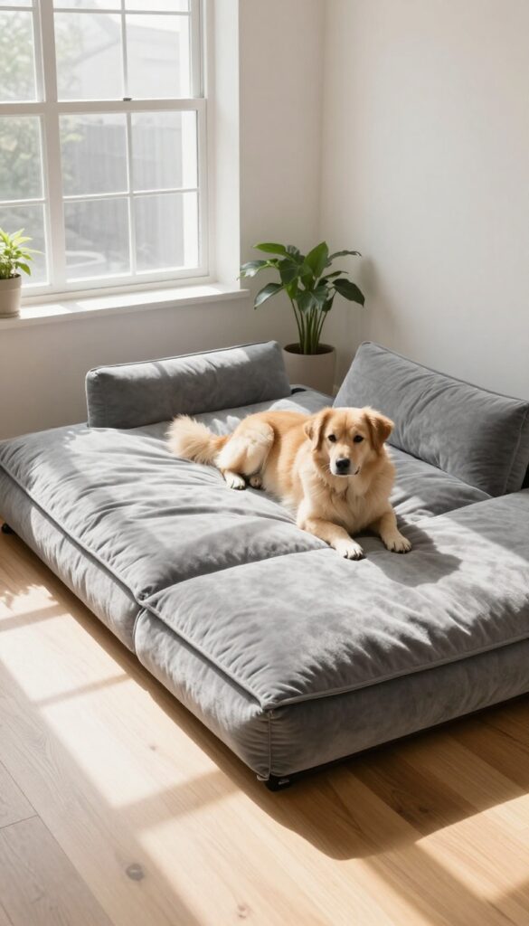 Modular dog bed with connected cushion sections in a bright living room, a large dog stretched out comfortably.
