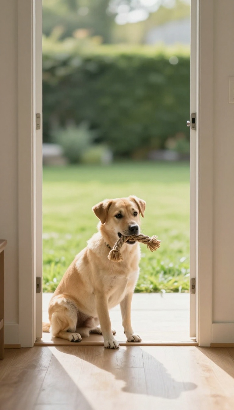 Dog sitting at an open doorway holding a toy, ready to drop it