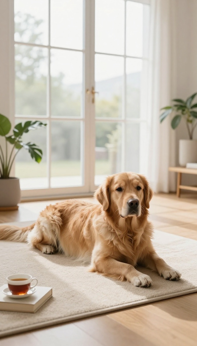 A calm dog lying on a mat in a bright living room, illustrating the settle command.
