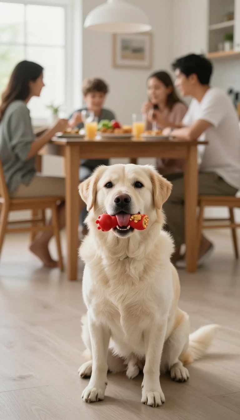 Dog enjoying a stuffed Kong toy while family eats at the table