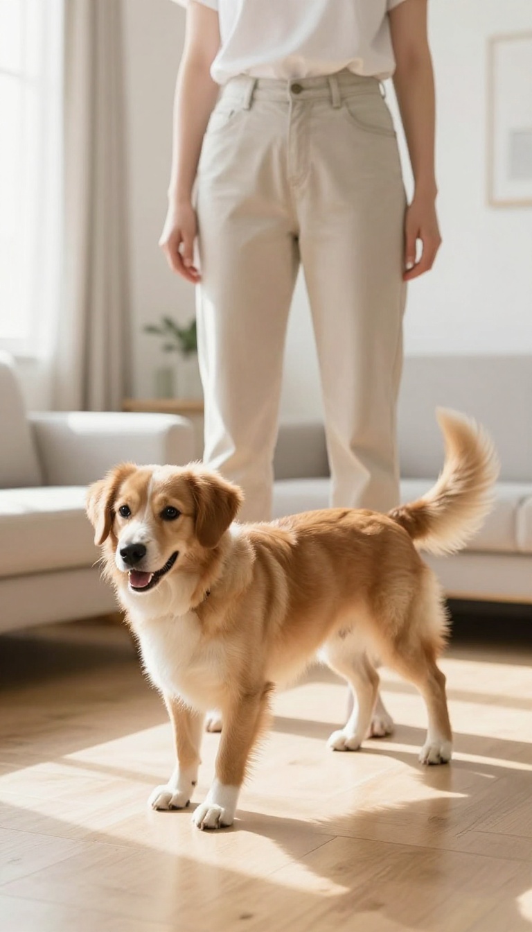 A dog weaving through its owner's legs in a bright living room during a training session.