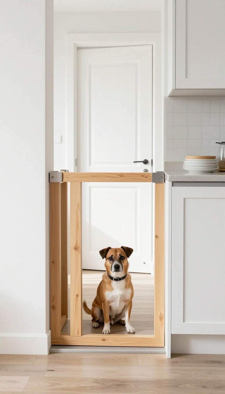 A dog sitting behind a baby gate in a bright kitchen doorway, with a closed door in the background.