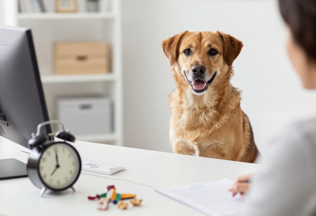 Dog training session at a busy desk with treats and a clock