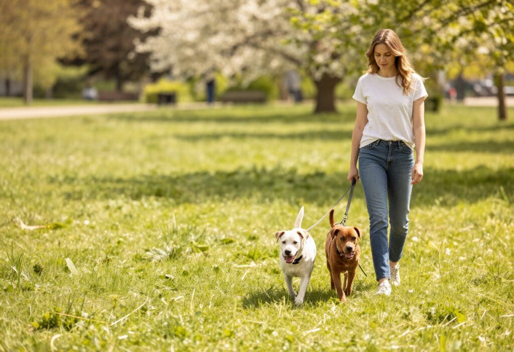 Dog walking calmly on a loose leash beside owner in a park
