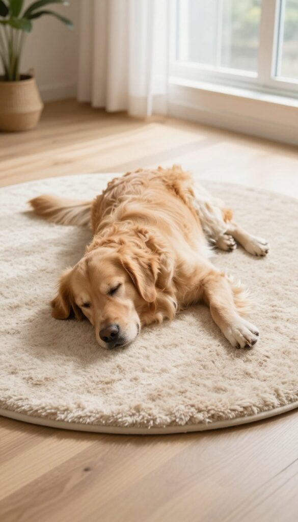 Golden retriever relaxing on a beige mat in a sunlit living room, representing a magic carpet calm zone.