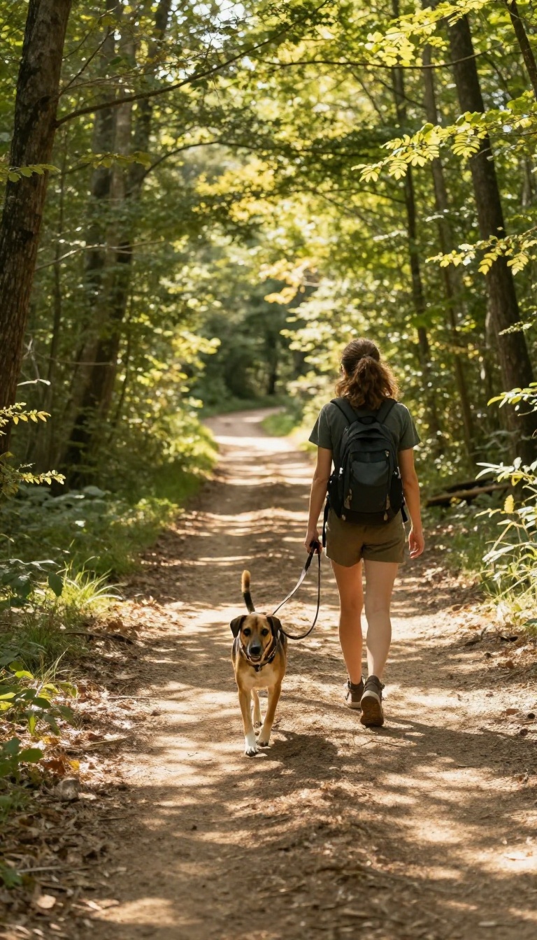 Person and dog walking calmly on a forest trail with a loose leash, demonstrating relaxed loose-leash walking during a hike.