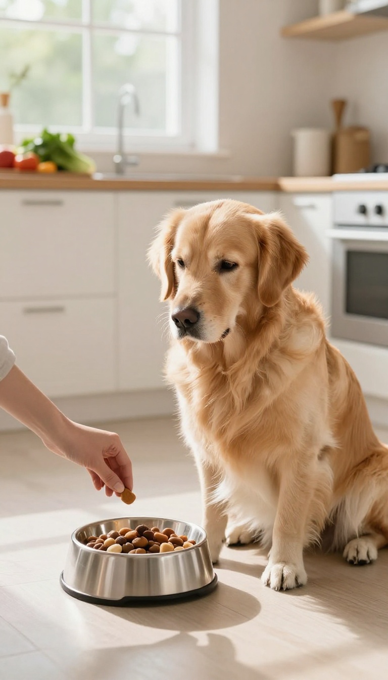 A calm dog waiting patiently beside its food bowl in a bright kitchen, illustrating polite mealtime behavior.