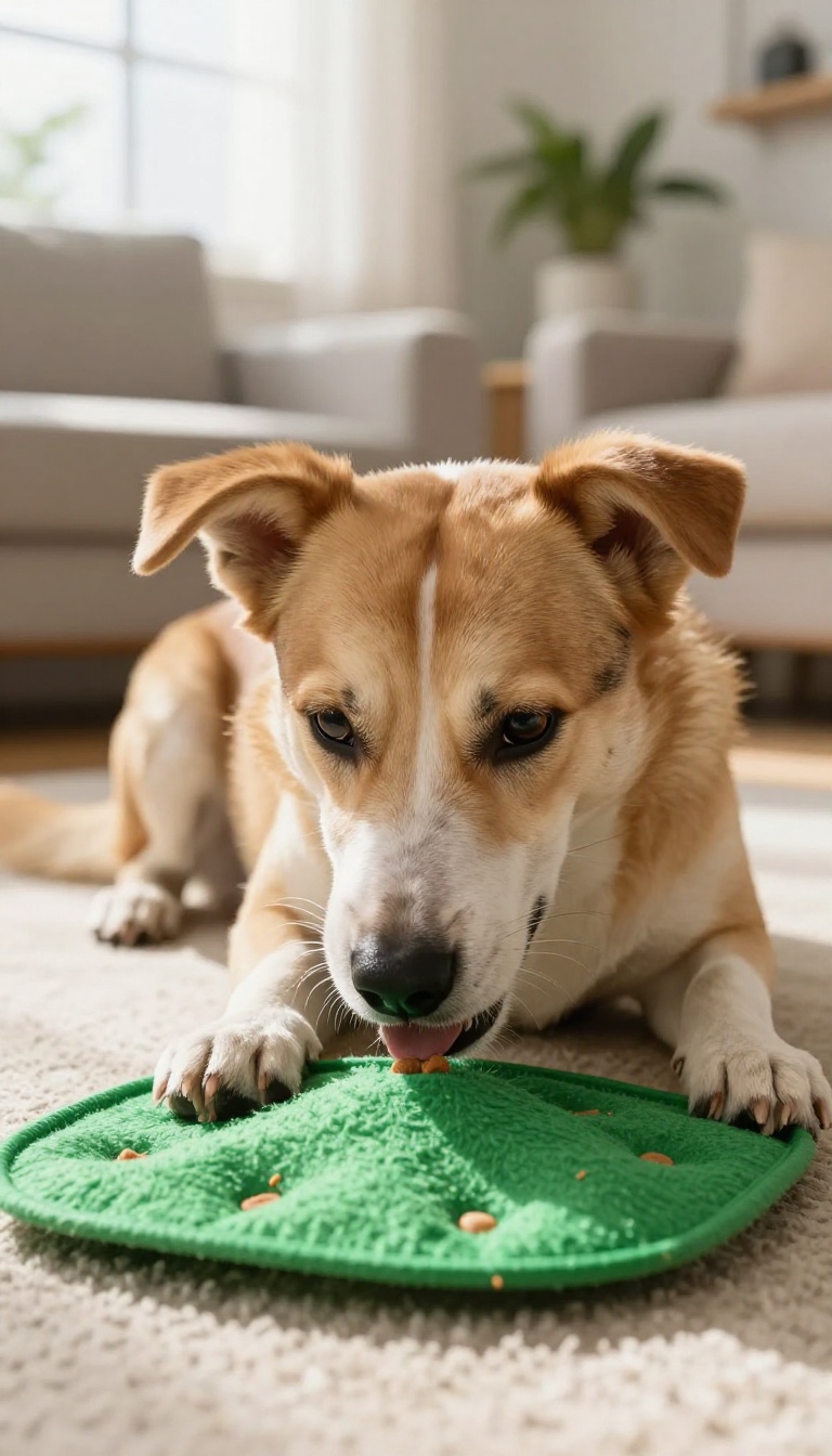 A rescue dog engaging with a snuffle mat, showcasing mental stimulation for calmness.