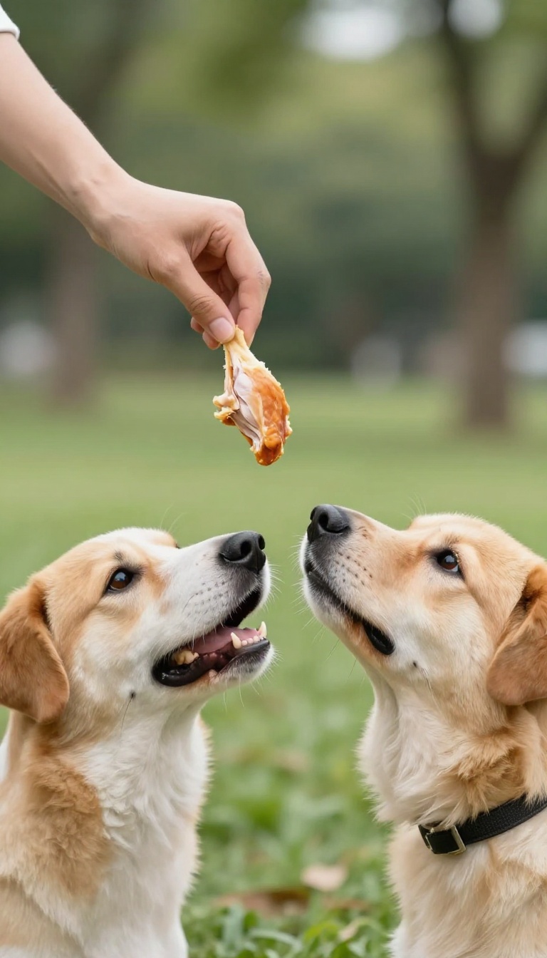Dog trainer offering a high-value treat during an emergency recall drop training session in a park.