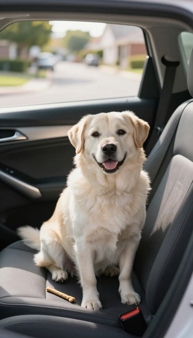 A calm dog sitting in a parked car with the door open, looking relaxed and happy, with training treats on the seat.