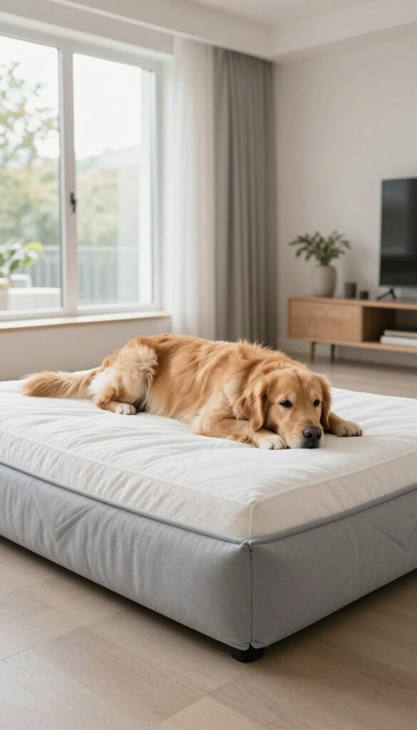 Large custom dog bed made from a foam mattress topper, with a golden retriever stretched out comfortably on it in a bright living room.
