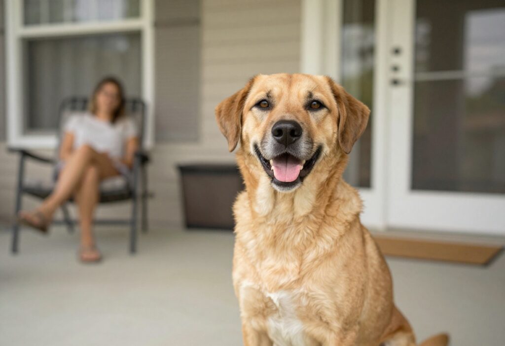 Happy rescue dog sitting with owner on porch, feeling calm and secure