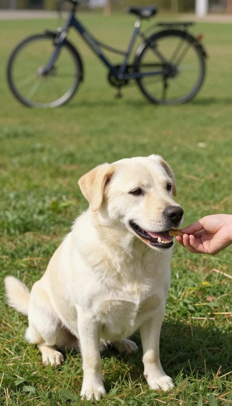A dog calmly looking back at its owner for a treat while noticing a distant trigger in a sunny park during a training session.