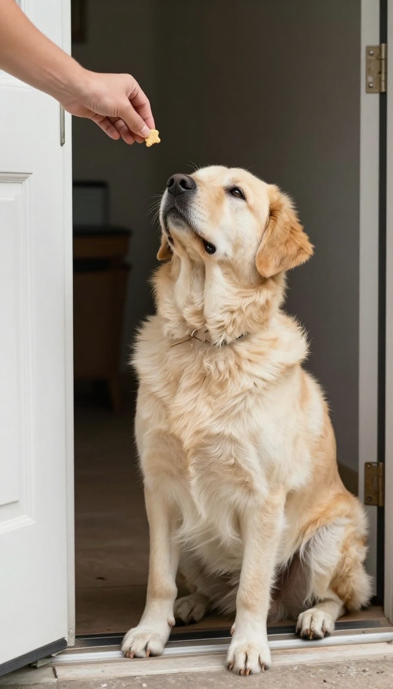 Dog sitting calmly by the door, looking at owner's hand with a treat, demonstrating 'leave it' training.