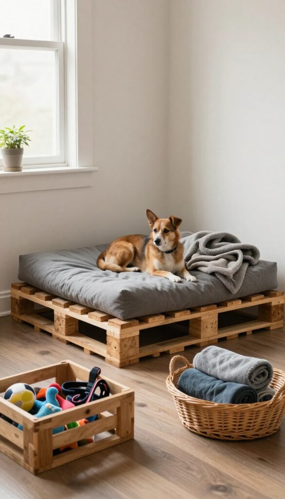 DIY pallet dog bed with storage in a cozy small living room