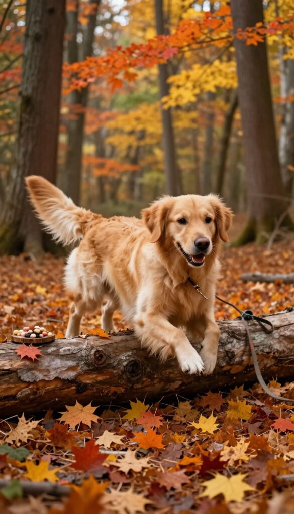 Golden retriever jumping over a log in an autumn forest with colorful leaves and a treat target